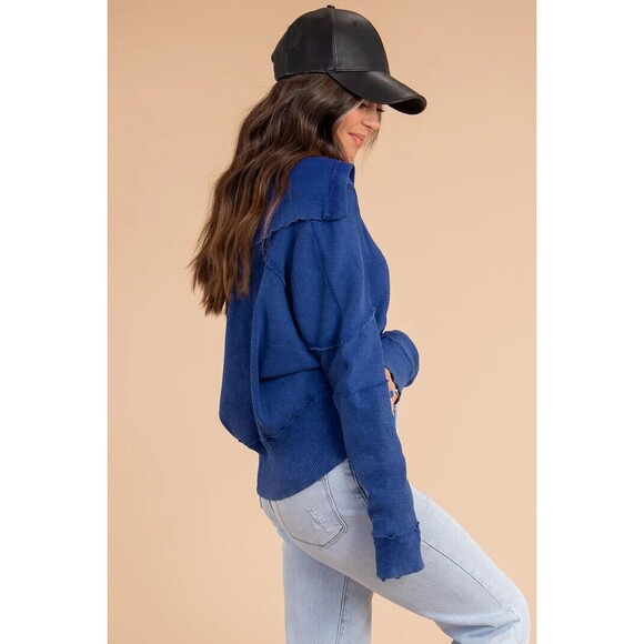 New Free People We The Free Not So Ordinary Pullover Polo Sweater Blue Sz XS - Picture 4 of 10